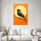 Vogel Sitzt Auf Draht Mit Orangenem Hintergrund Und Gelber Sonne