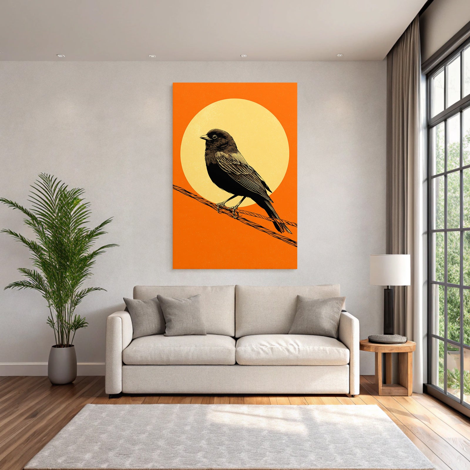 Vogel Sitzt Auf Draht Mit Orangenem Hintergrund Und Gelber Sonne
