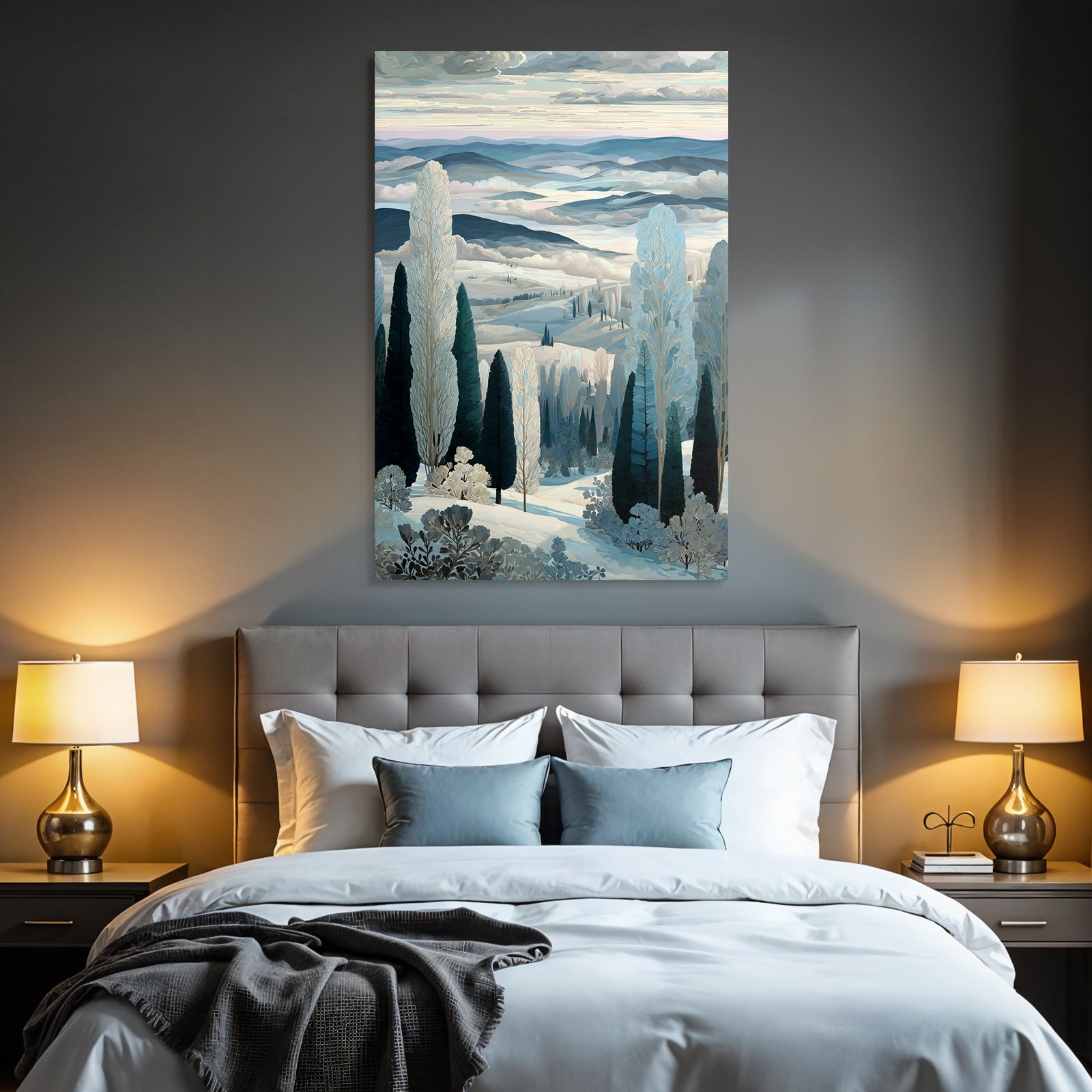 Winterlandschaft Mit Huegeln Baeumen Und Nebel