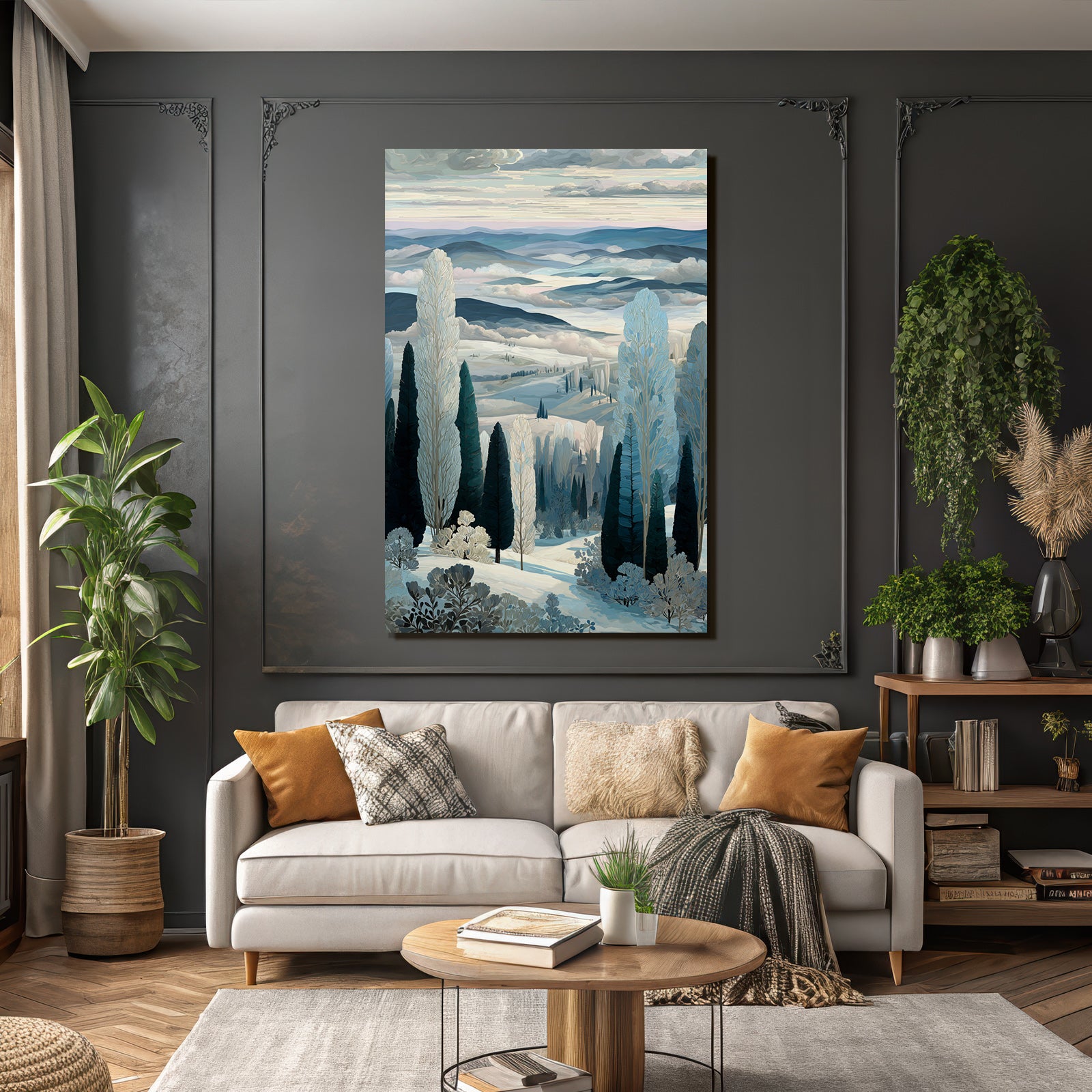 Winterlandschaft Mit Huegeln Baeumen Und Nebel