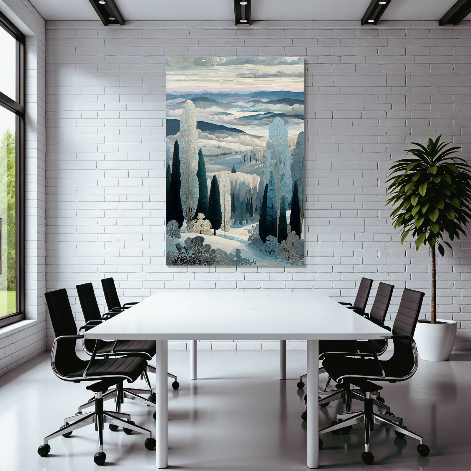 Winterlandschaft Mit Huegeln Baeumen Und Nebel