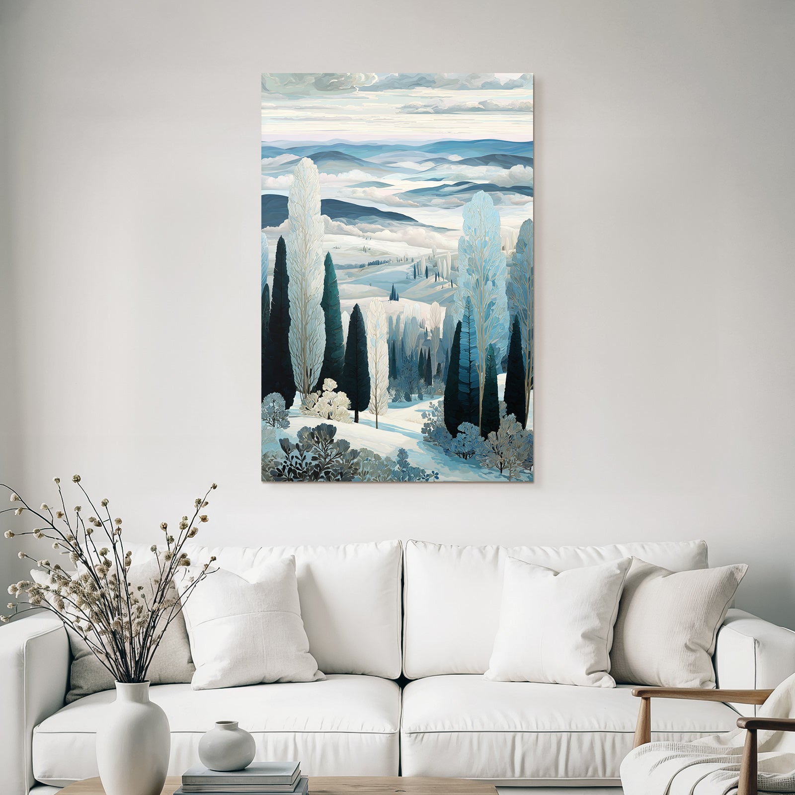Winterlandschaft Mit Huegeln Baeumen Und Nebel