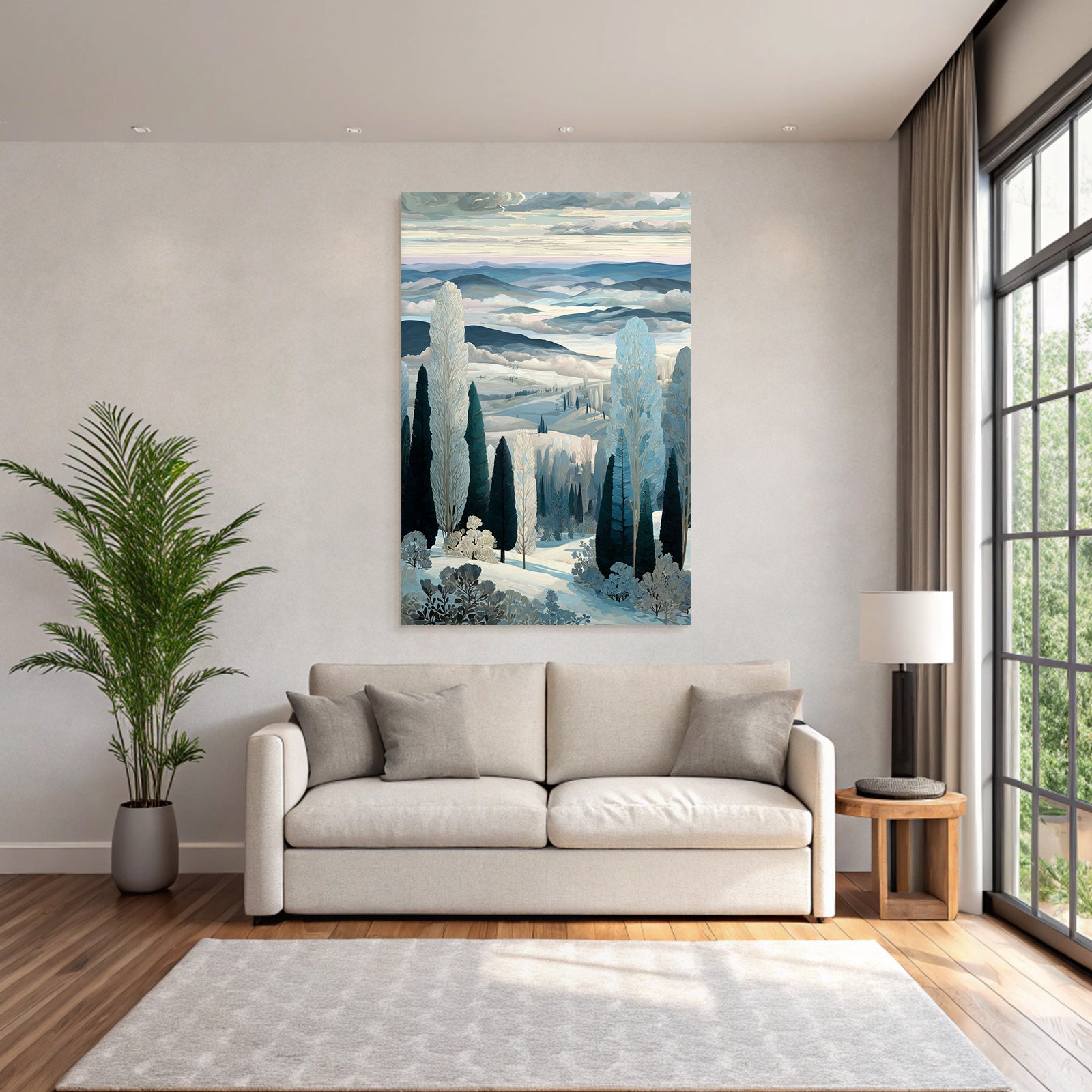 Winterlandschaft Mit Huegeln Baeumen Und Nebel