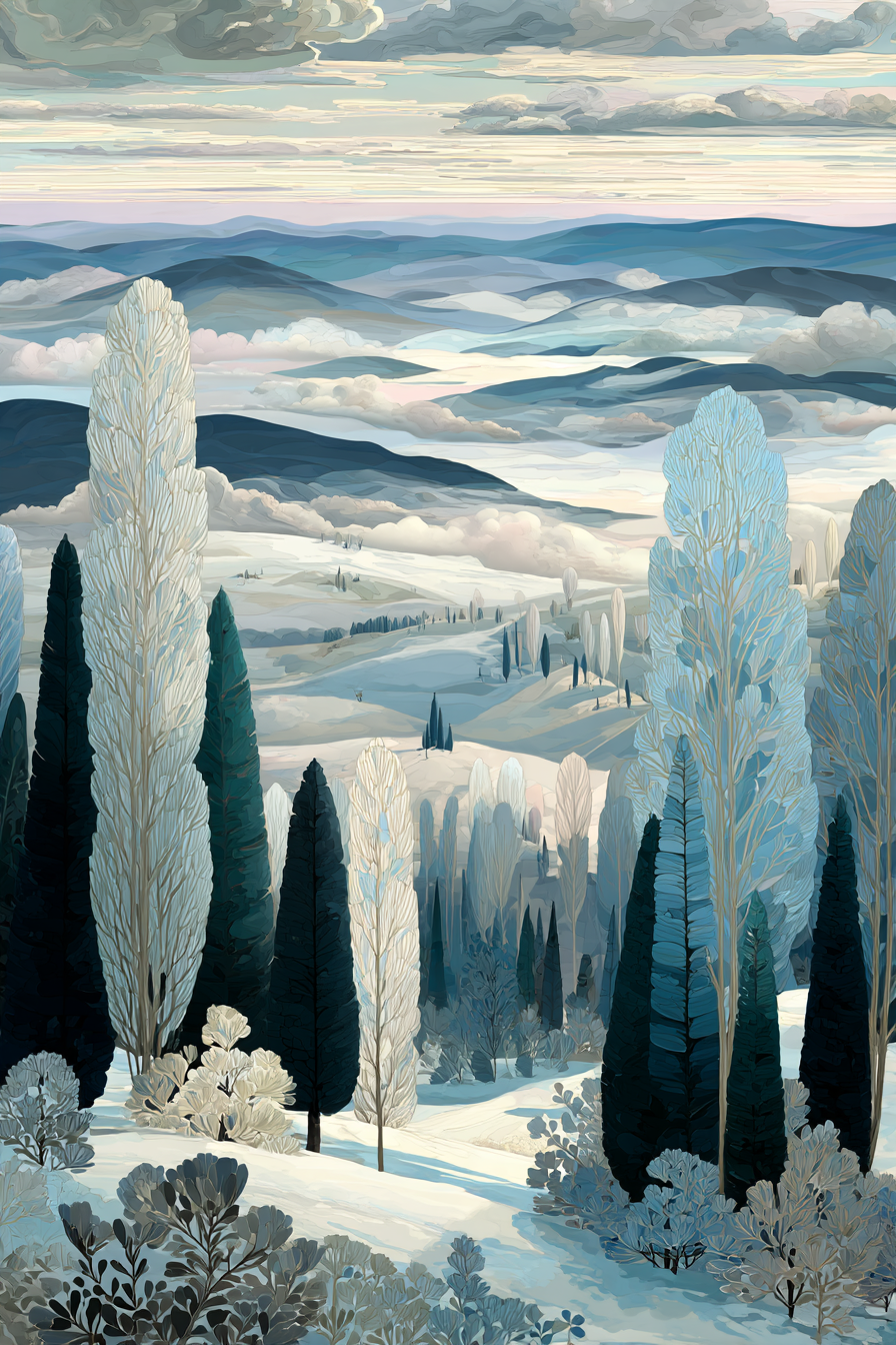 Winterlandschaft Mit Huegeln Baeumen Und Nebel | Digital Art | Kunstgattungen