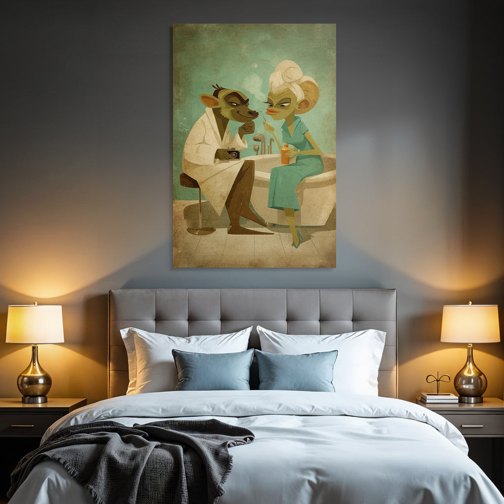 Two anthropomorphic characters in a spa with drinks and a camera