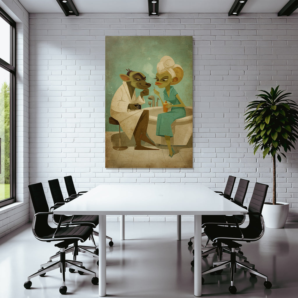 Two anthropomorphic characters in a spa with drinks and a camera