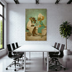 Two anthropomorphic characters in a spa with drinks and a camera