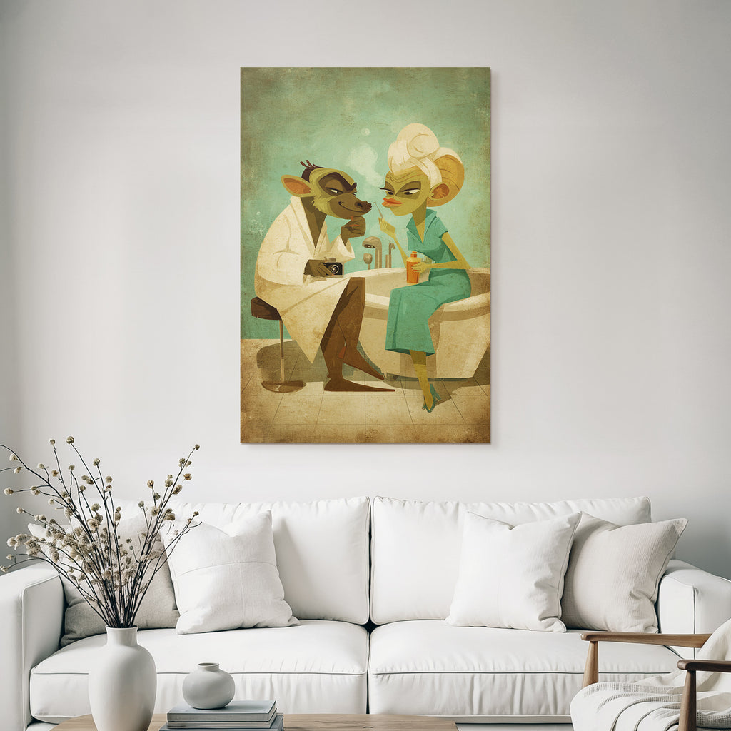 Two anthropomorphic characters in a spa with drinks and a camera