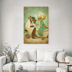 Two anthropomorphic characters in a spa with drinks and a camera