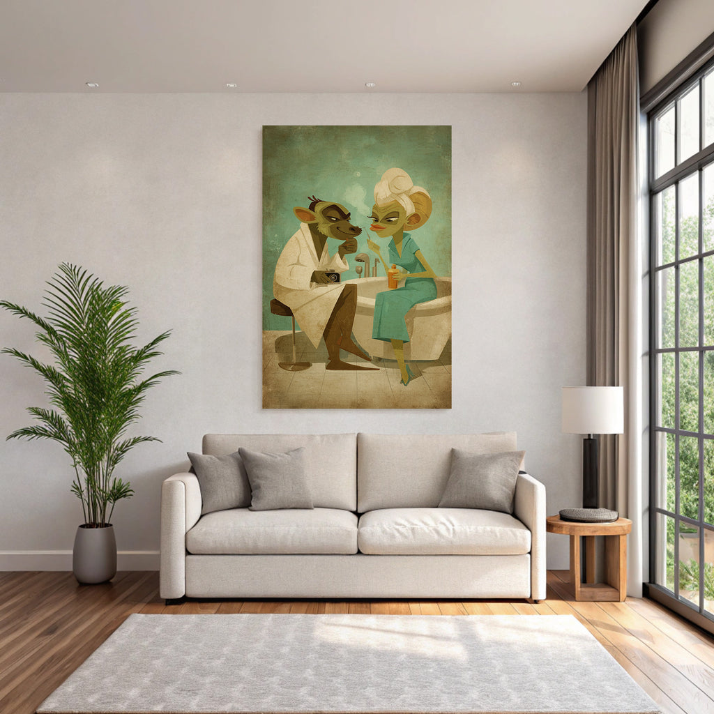 Two anthropomorphic characters in a spa with drinks and a camera