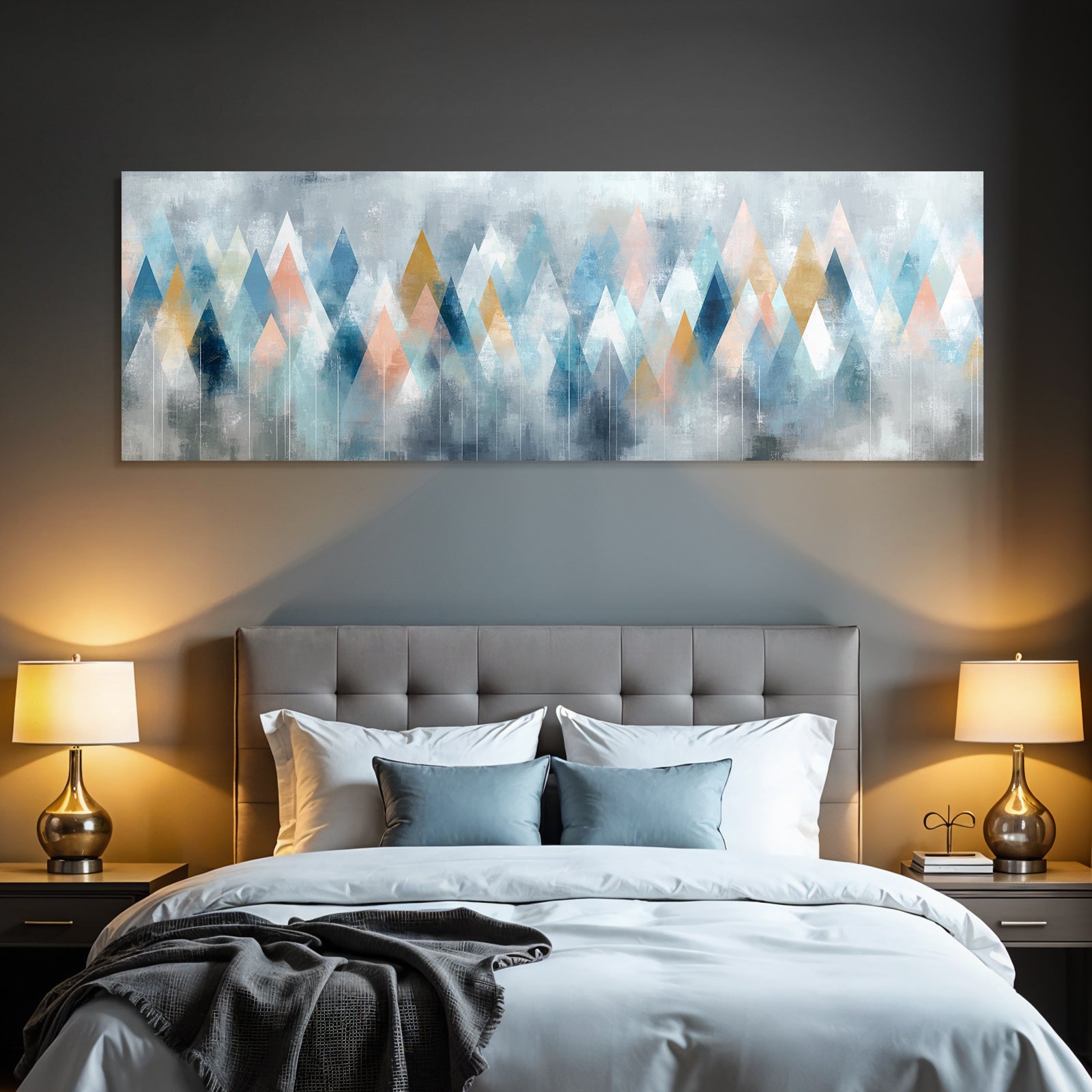 Abstrakte Berg Artwork In Blau Weiss Pfirsich Und Gold