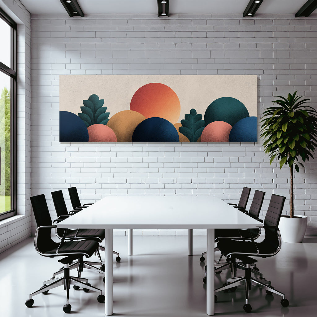 Abstrakte Illustration Landschaft Mit Sonne Und Stilisierter Folien Gefuellt Mit Farben