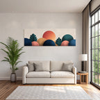 Abstrakte Illustration Landschaft Mit Sonne Und Stilisierter Folien Gefuellt Mit Farben
