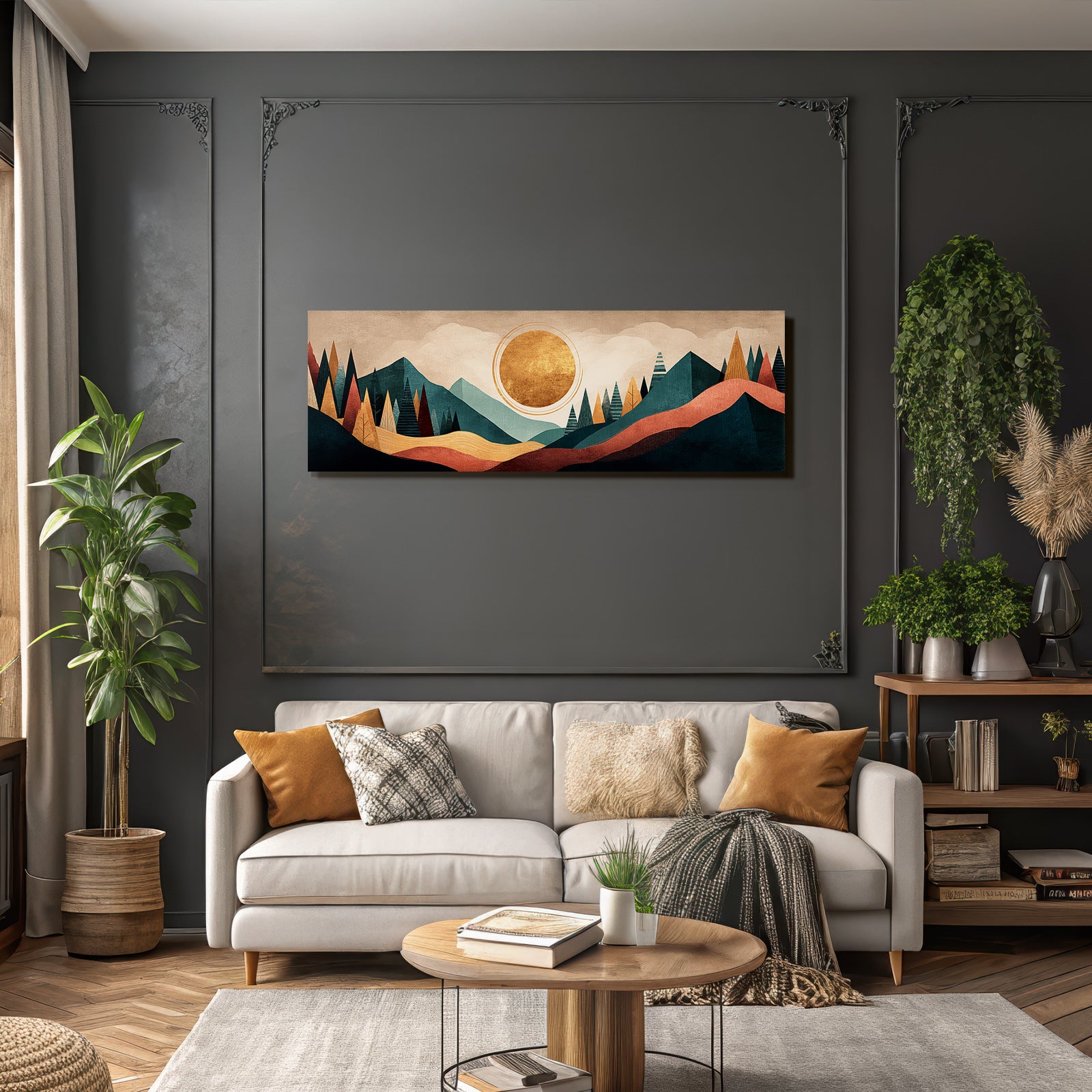 Abstrakte Landschaft Mit Geometrischen Formen Und Buntem Himmel