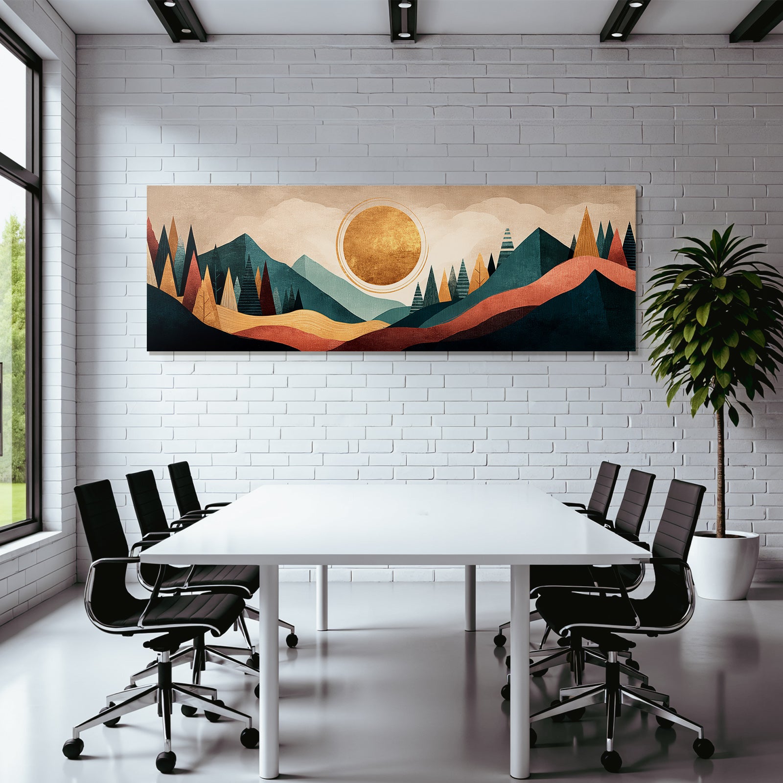 Abstrakte Landschaft Mit Geometrischen Formen Und Buntem Himmel