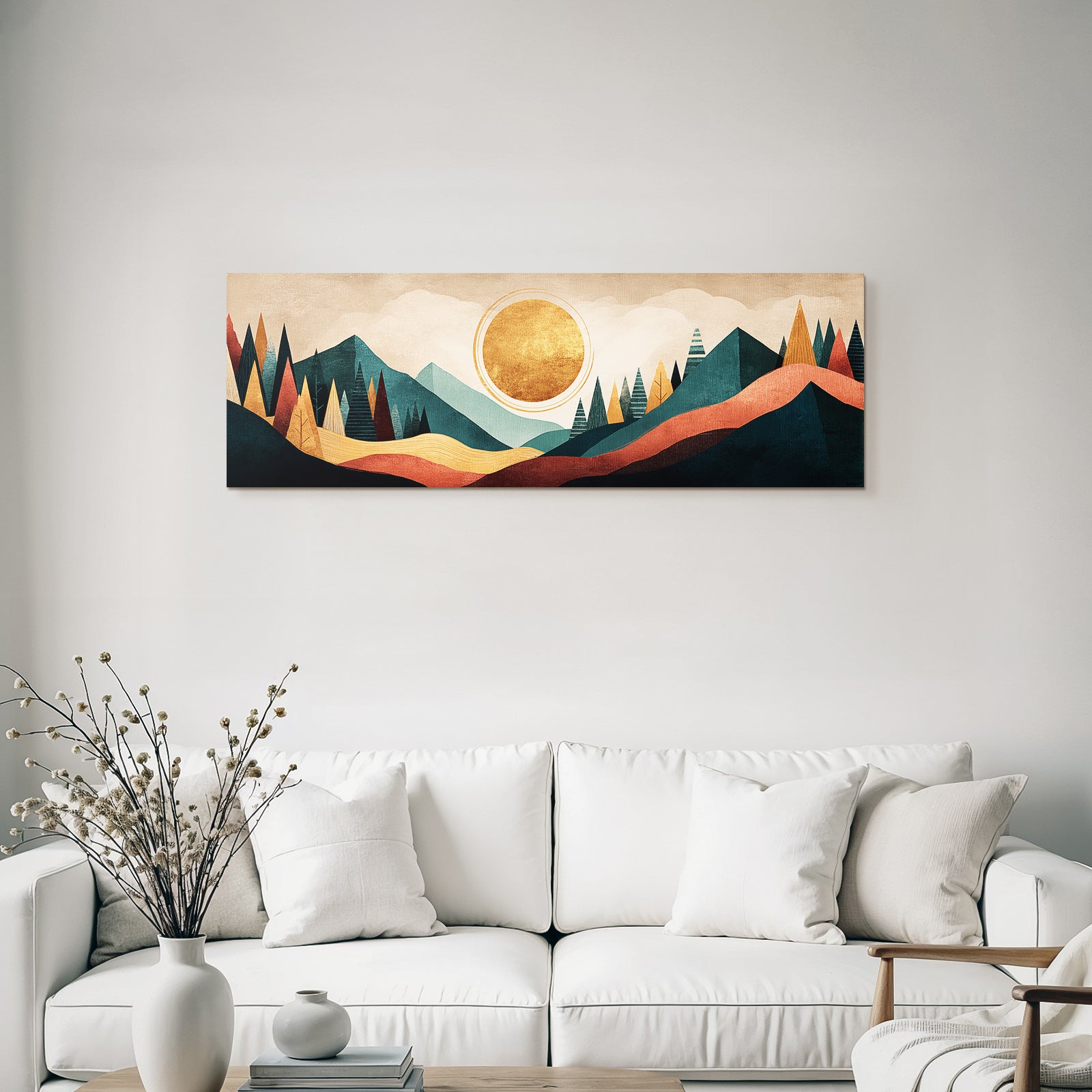 Abstrakte Landschaft Mit Geometrischen Formen Und Buntem Himmel