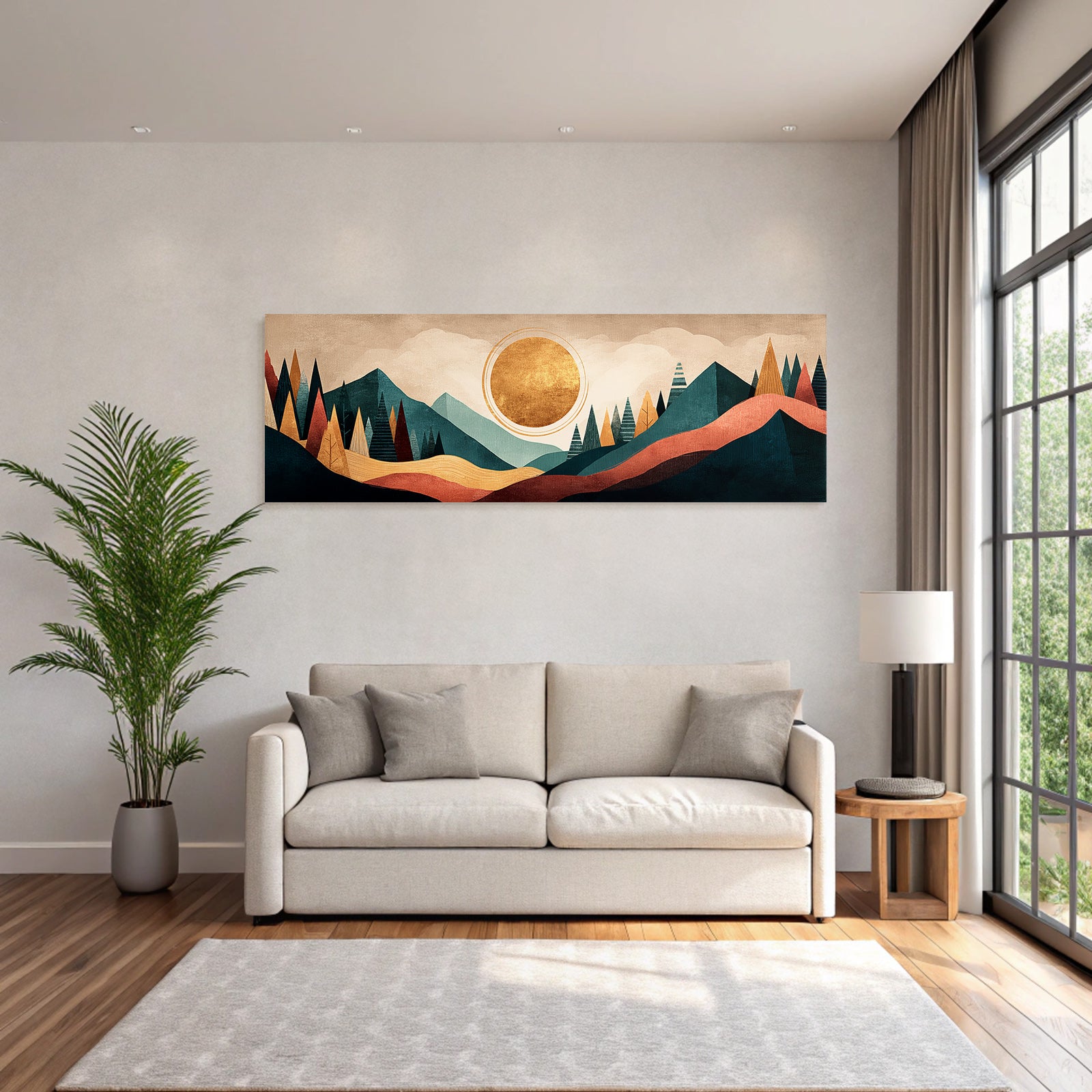 Abstrakte Landschaft Mit Geometrischen Formen Und Buntem Himmel