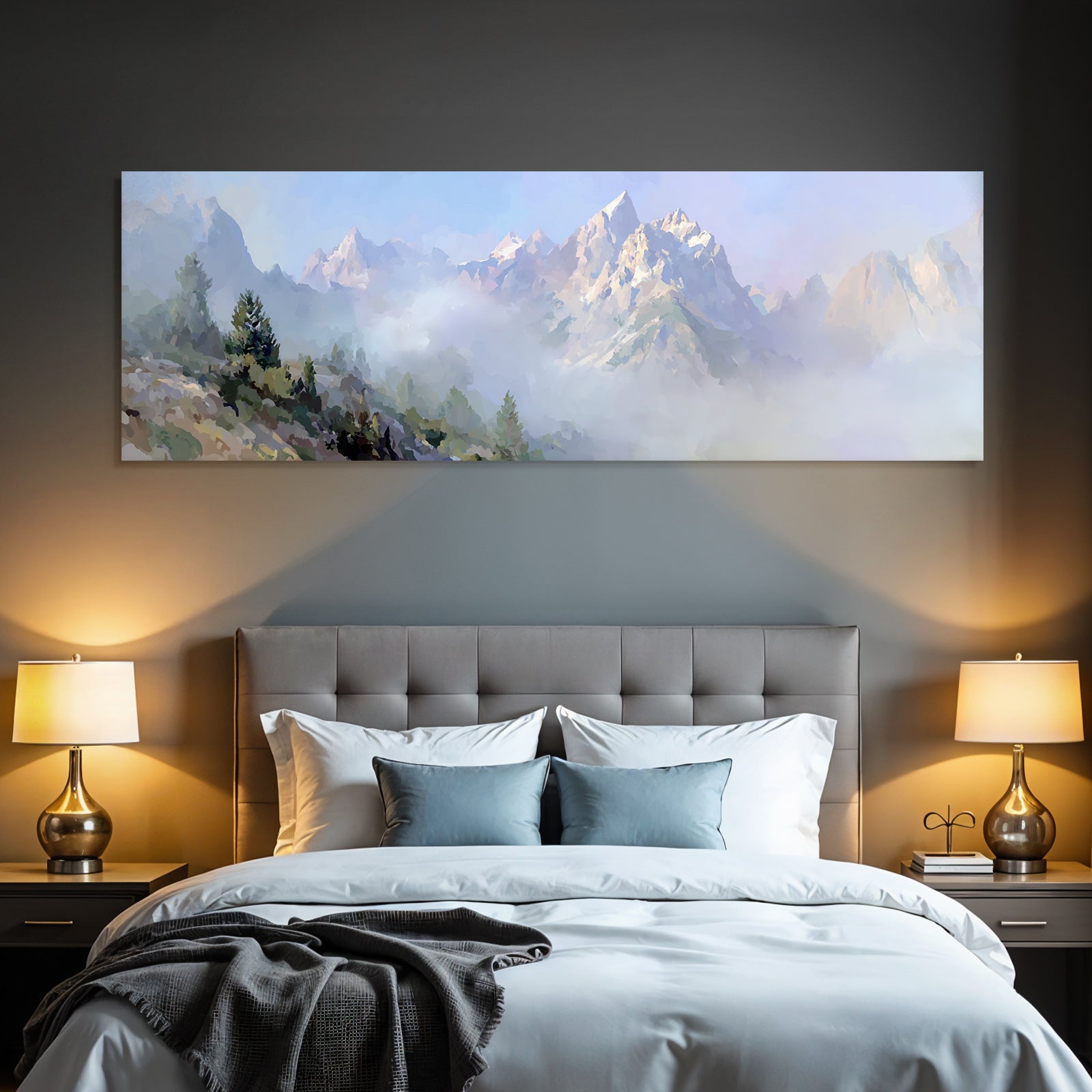 Berglandschaft Mit Nebel Und Gruenem Vorgrund Dreamy Illustration
