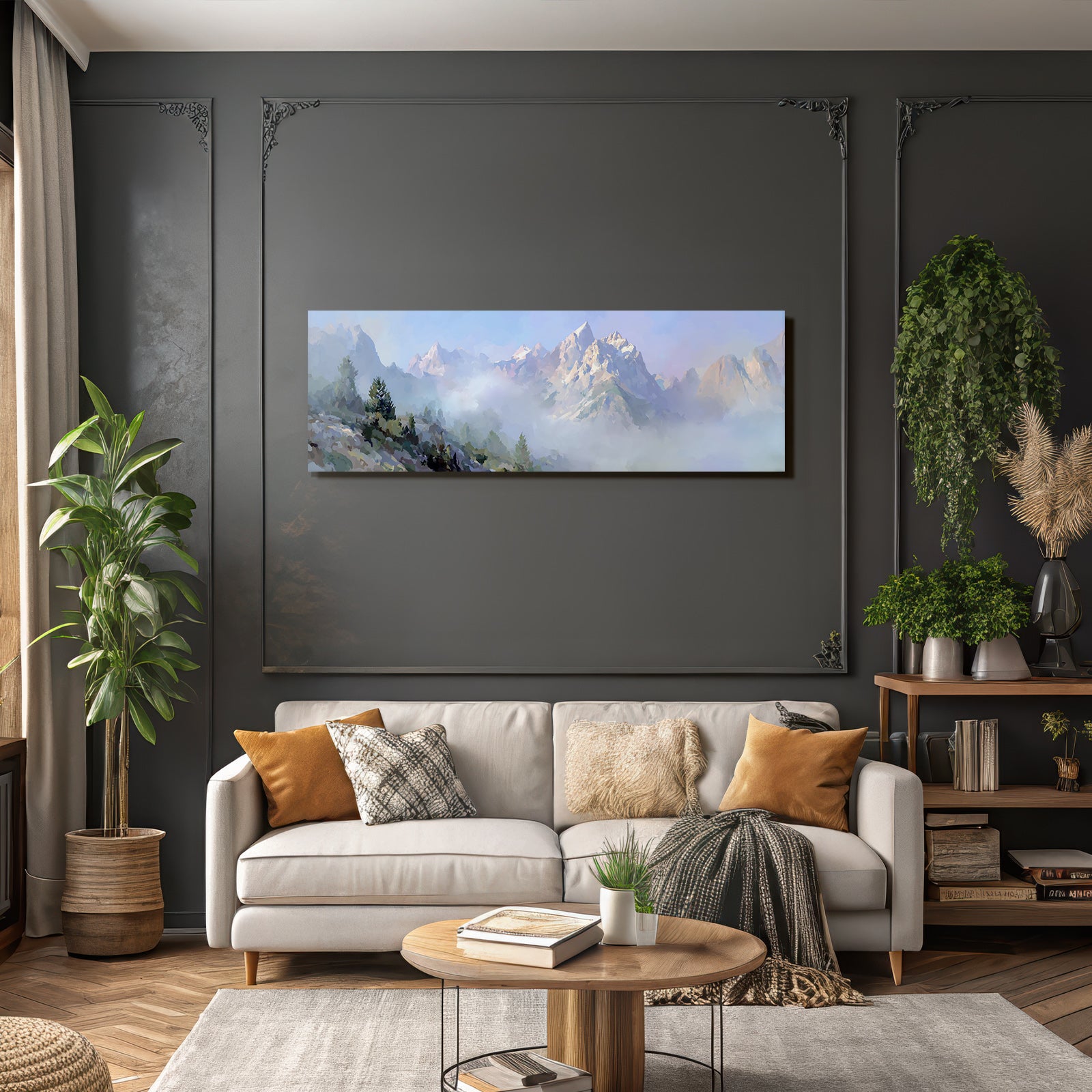 Berglandschaft Mit Nebel Und Gruenem Vorgrund Dreamy Illustration