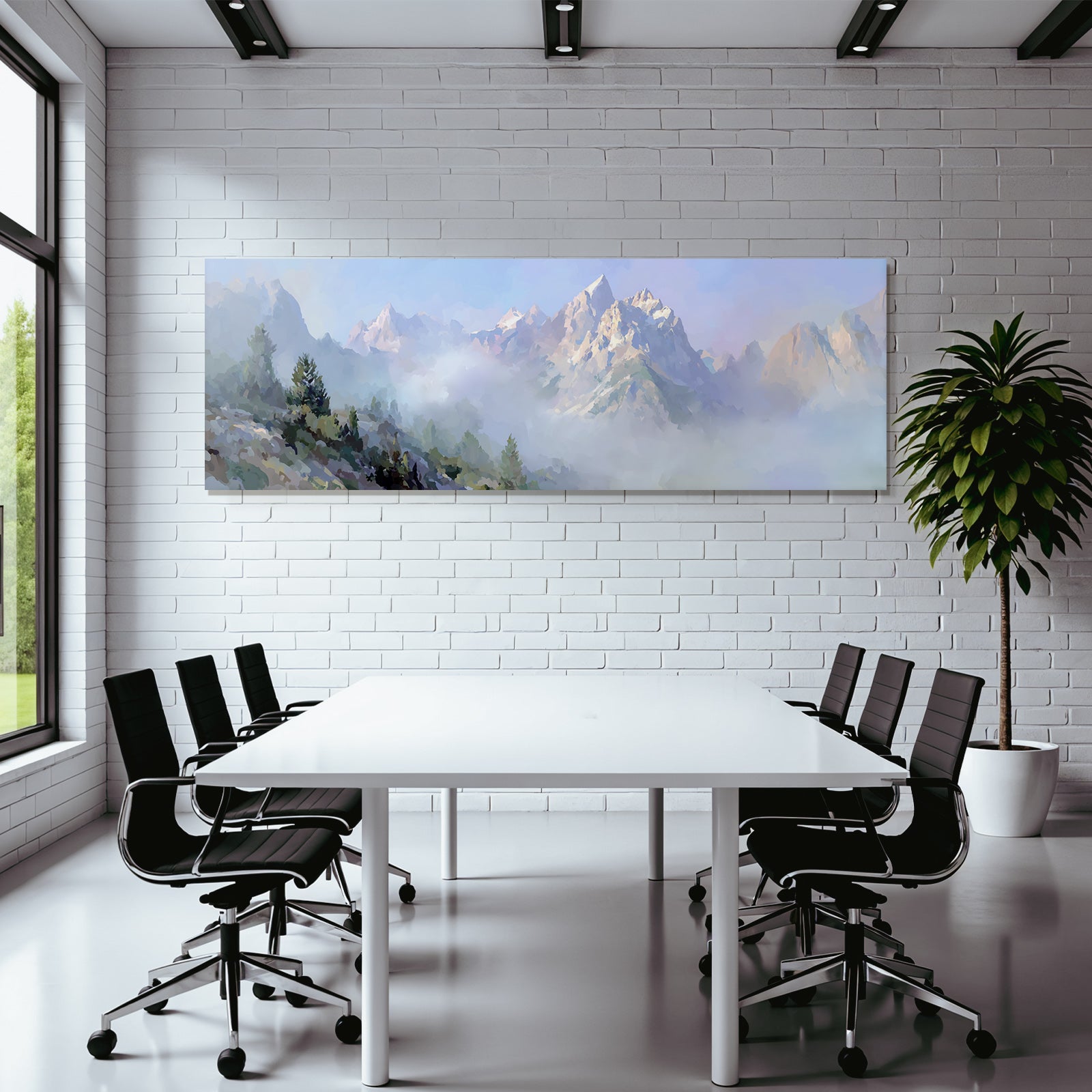 Berglandschaft Mit Nebel Und Gruenem Vorgrund Dreamy Illustration