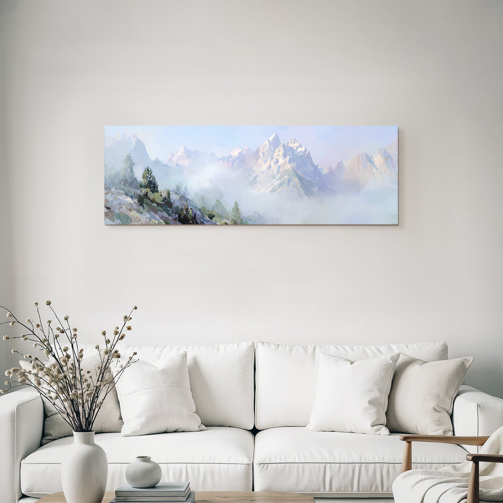 Berglandschaft Mit Nebel Und Gruenem Vorgrund Dreamy Illustration