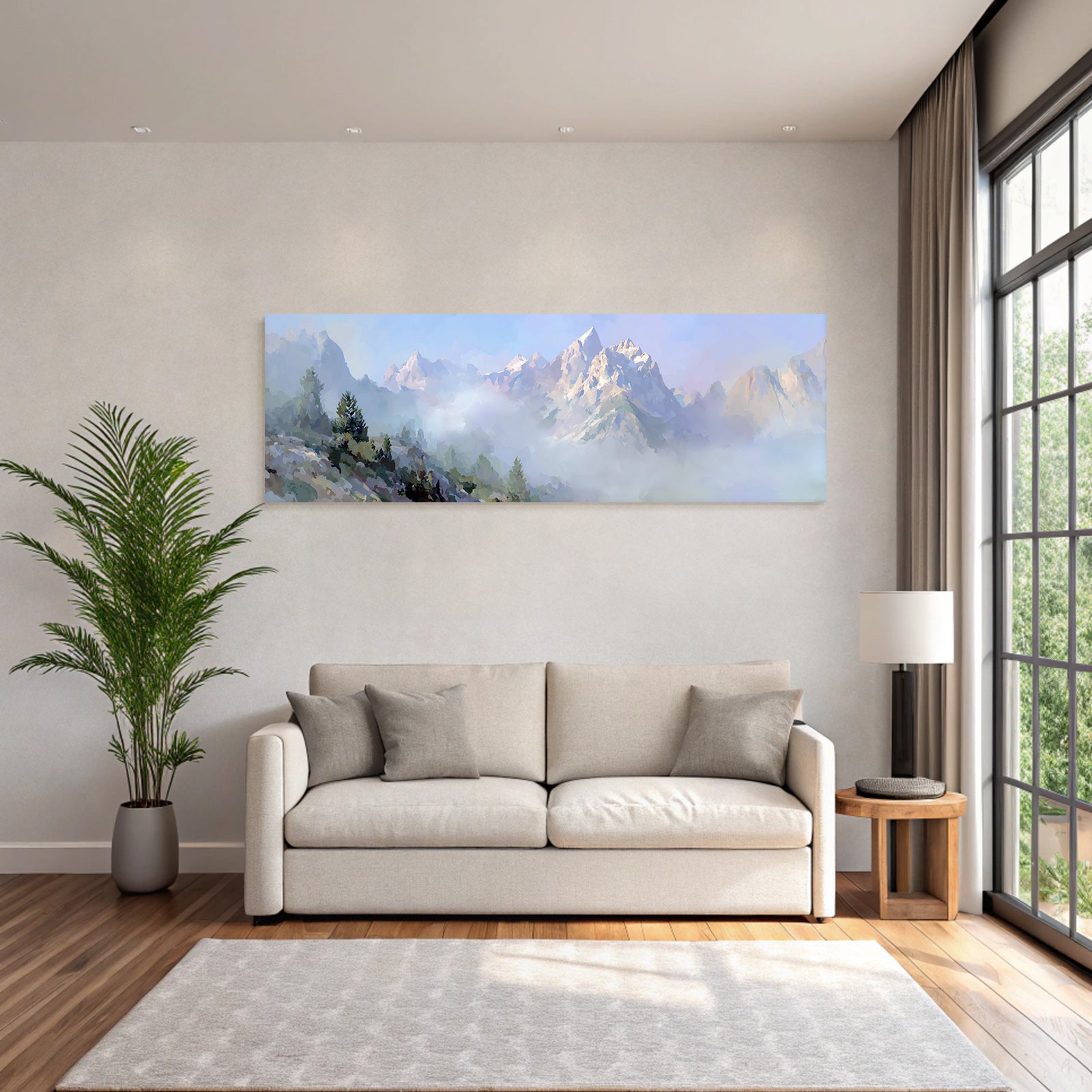 Berglandschaft Mit Nebel Und Gruenem Vorgrund Dreamy Illustration