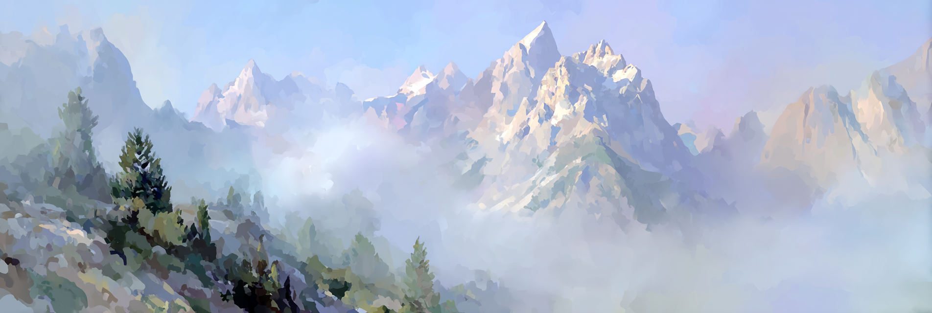 Berglandschaft Mit Nebel Und Gruenem Vorgrund Dreamy Illustration | Digital Art | Kunstgattungen