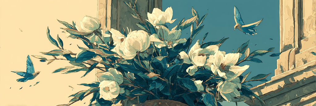 Bluehende Blumen Und Blaue Voegel In Einer Natuerlichen Umgebung | Digital Art | Kunstgattungen