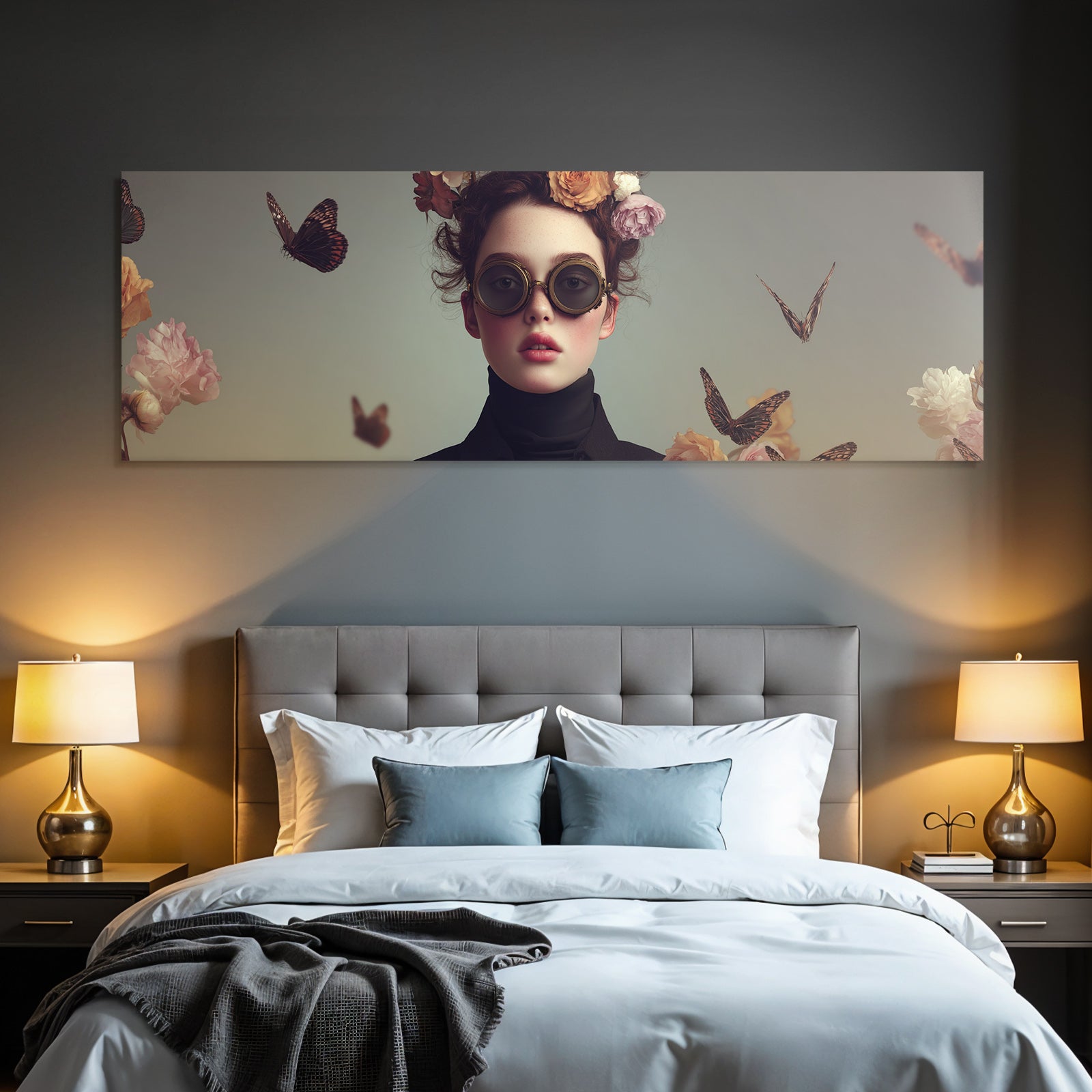 Bluehender Portraet Mit Blumenkrone Und Goggles