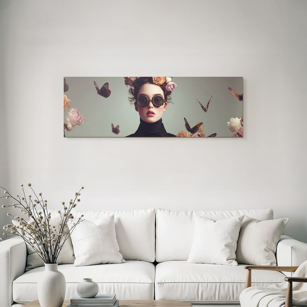 Bluehender Portraet Mit Blumenkrone Und Goggles