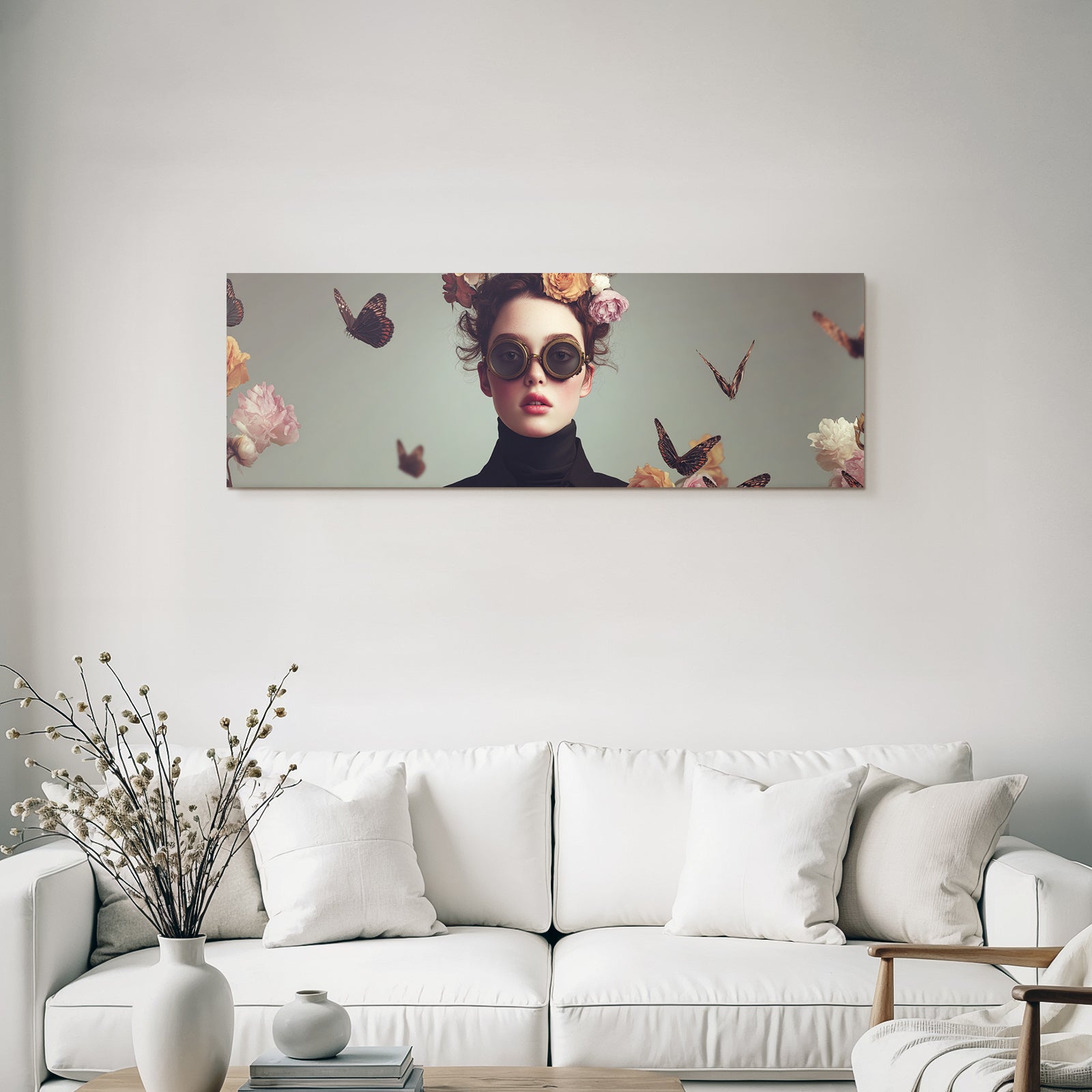 Bluehender Portraet Mit Blumenkrone Und Goggles