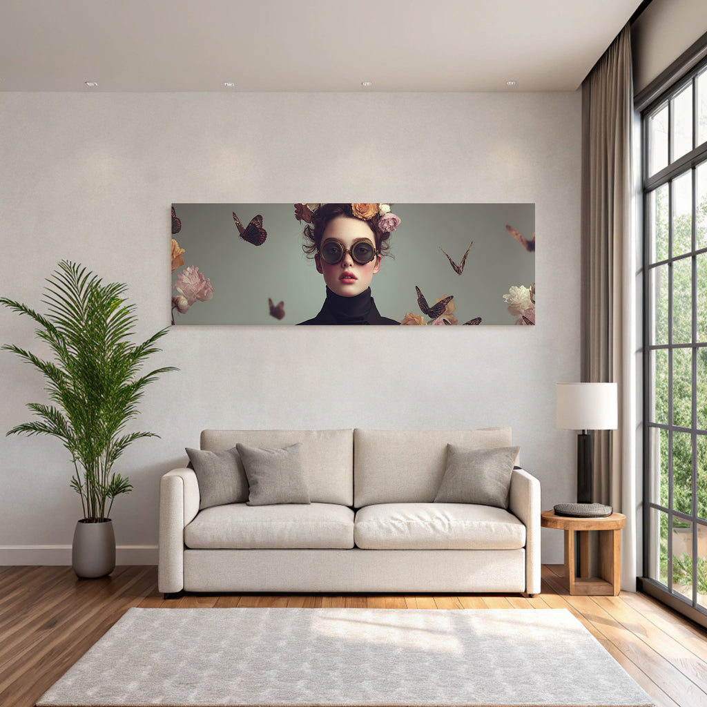 Bluehender Portraet Mit Blumenkrone Und Goggles