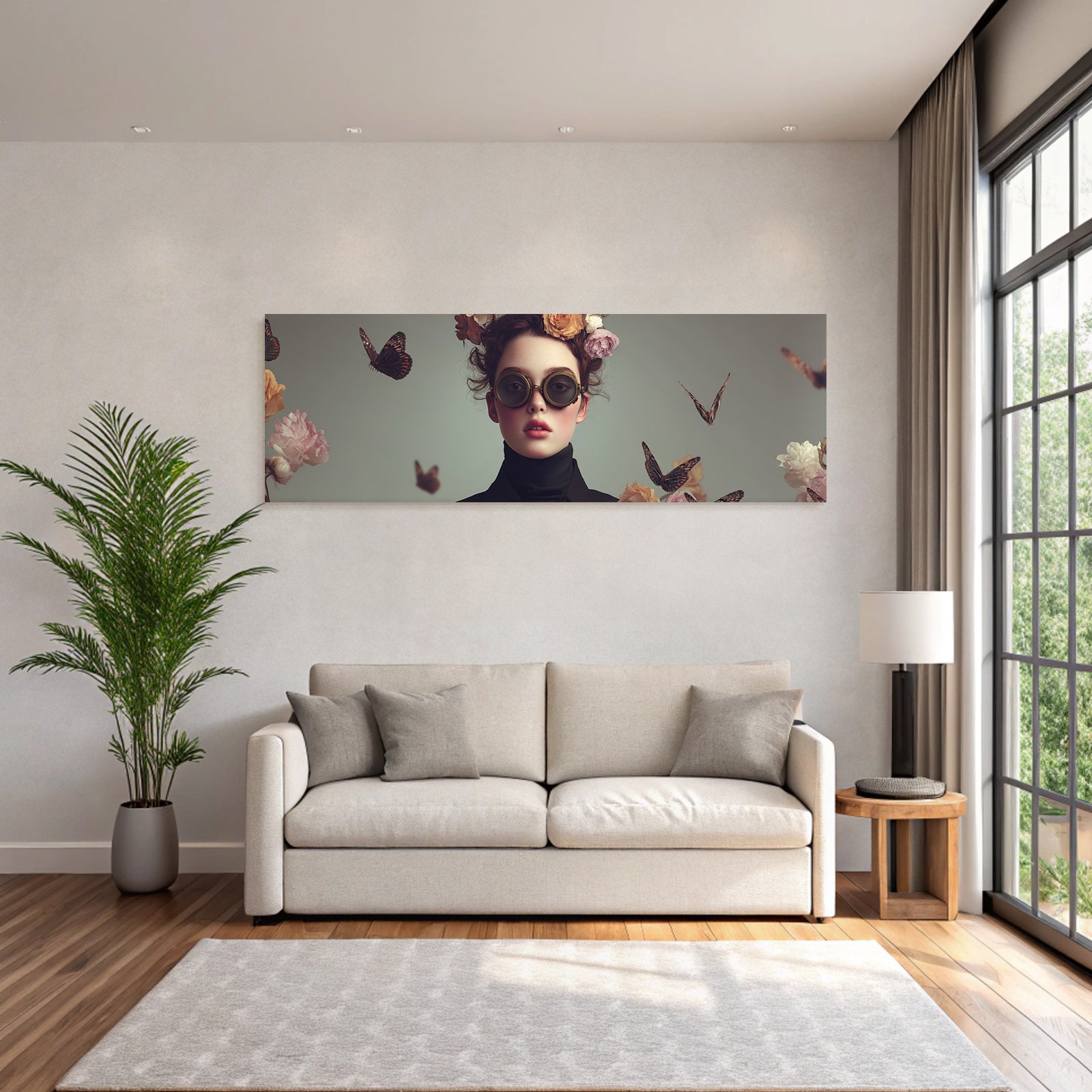 Bluehender Portraet Mit Blumenkrone Und Goggles