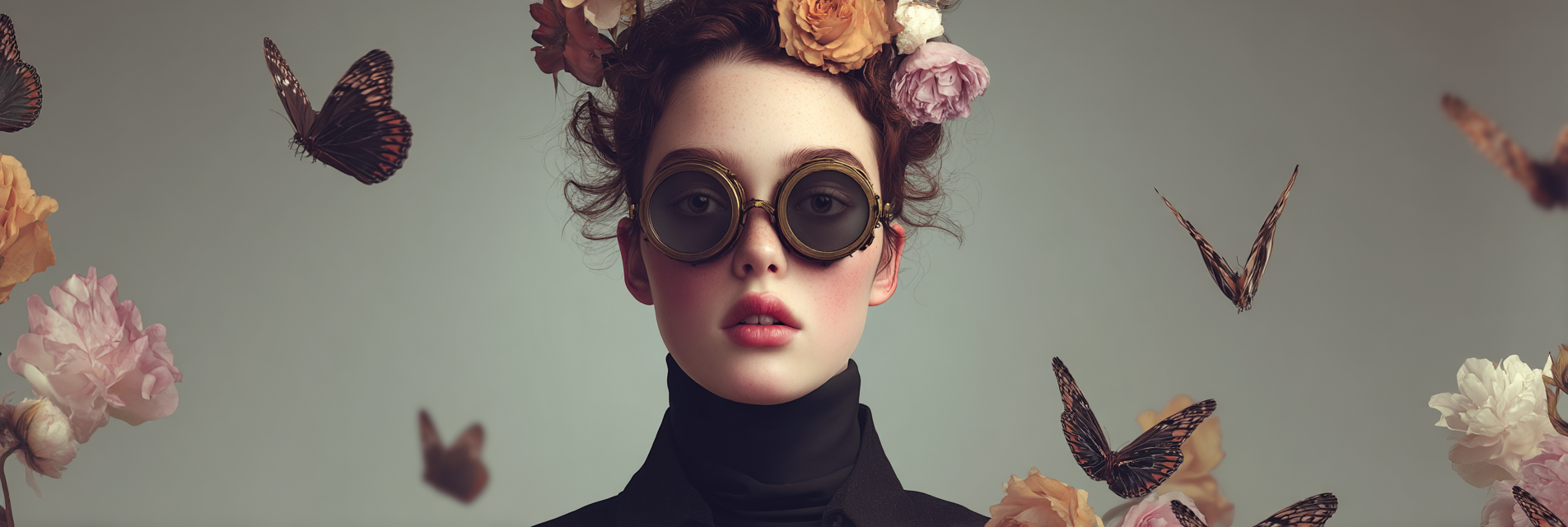 Bluehender Portraet Mit Blumenkrone Und Goggles | Digital Art | Kunstgattungen