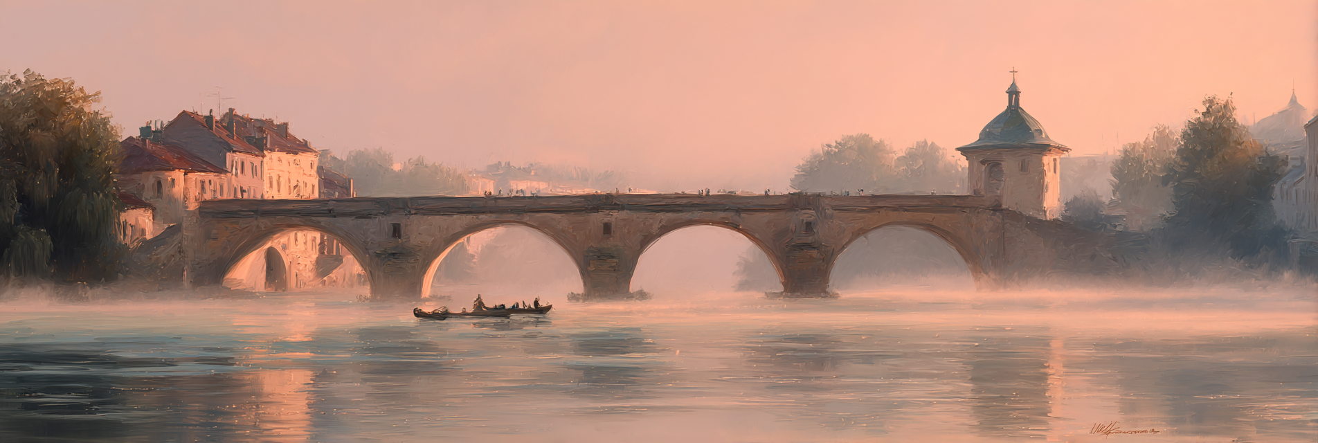 Bruecke Im Ruhigen Landschaftsgemalde Am Fluss | Digital Art | Kunstgattungen
