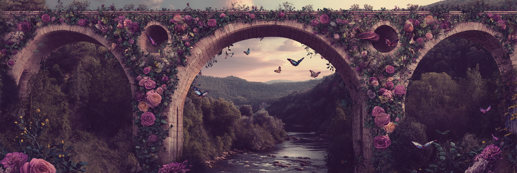 Bruecke Mit Blumen Schmetterlinge Und Fluss Landscape Traumhaft | Digital Art | Kunstgattungen