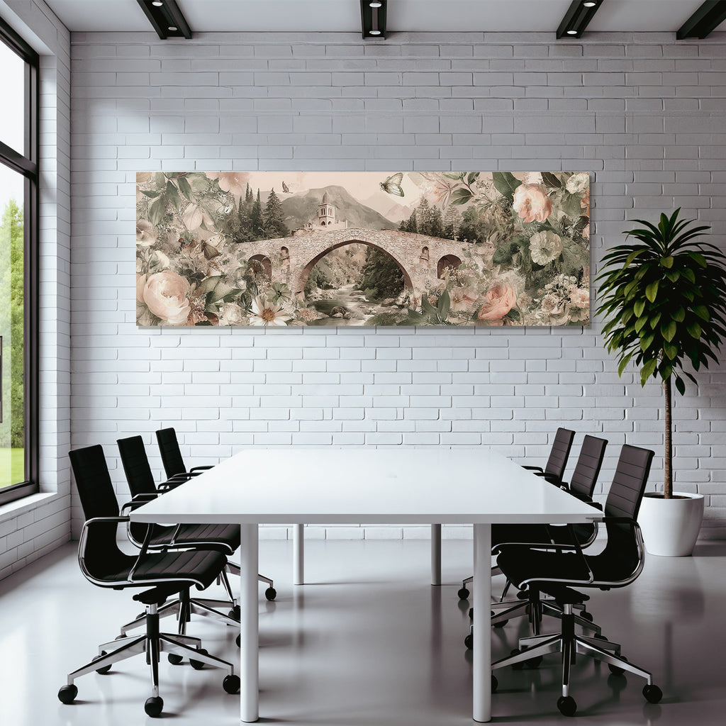 Bruecke Umgeben Von Blumen Und Folien Mit Bergen Und Schmetterlingen