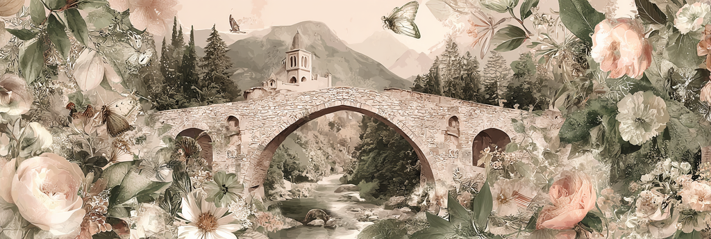 Bruecke Umgeben Von Blumen Und Folien Mit Bergen Und Schmetterlingen | Digital Art | Kunstgattungen