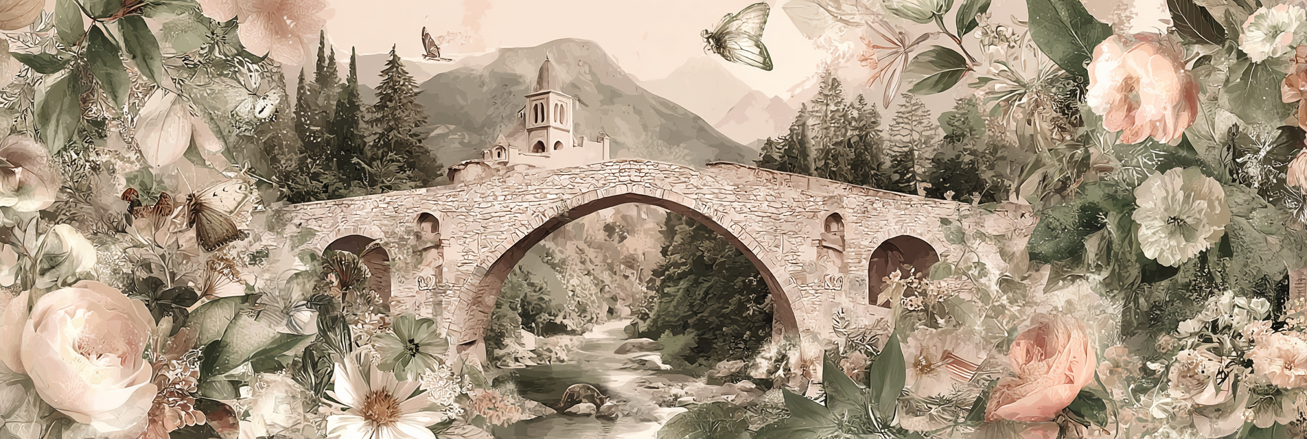 Bruecke Umgeben Von Blumen Und Folien Mit Bergen Und Schmetterlingen | Digital Art | Kunstgattungen