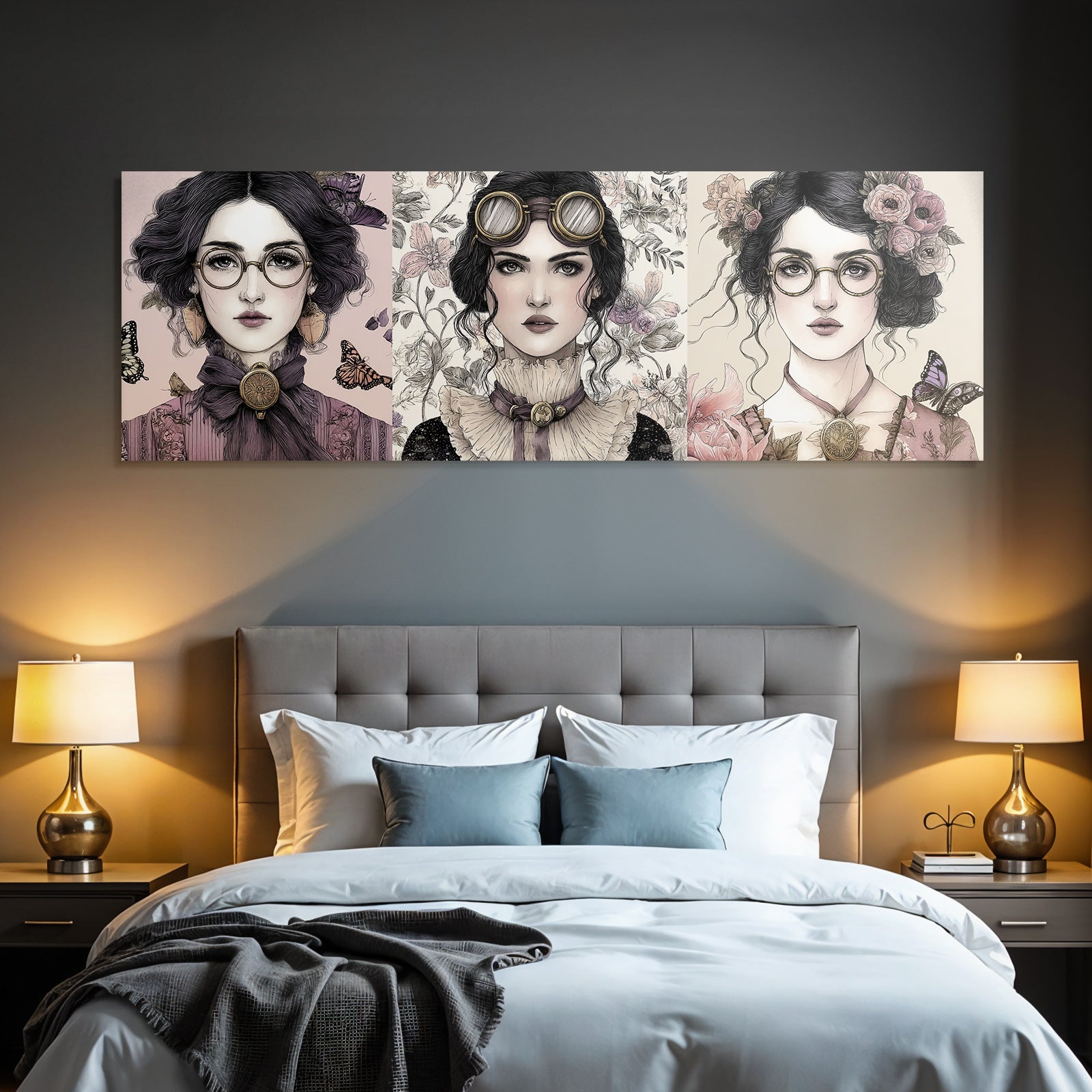 Drei Portraits Von Frauen Im Vintage Steampunk Stil Mit Blumen Und Butterflies