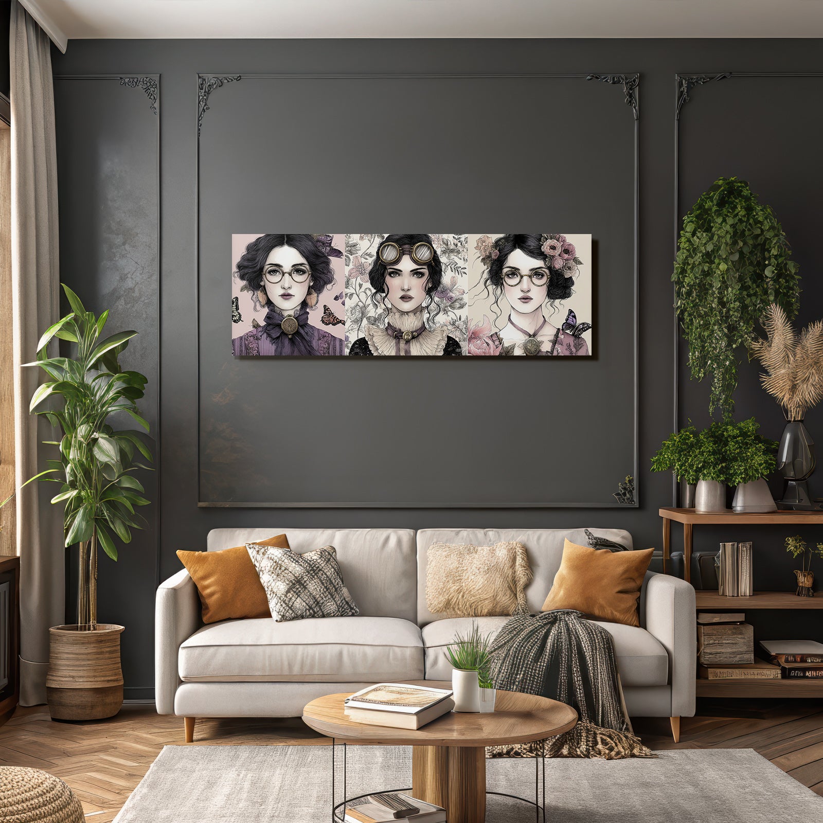 Drei Portraits Von Frauen Im Vintage Steampunk Stil Mit Blumen Und Butterflies