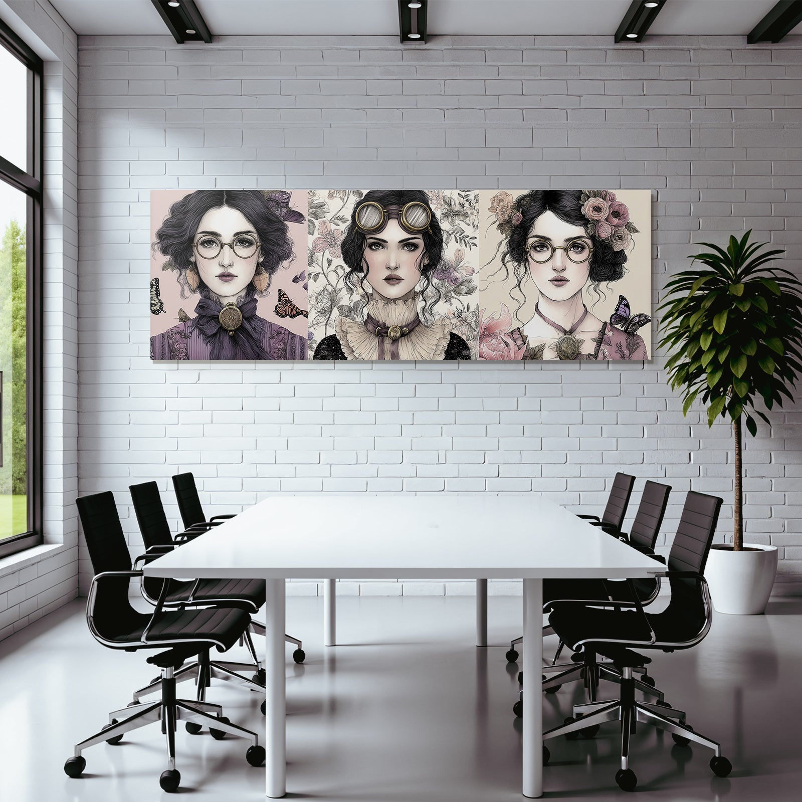 Drei Portraits Von Frauen Im Vintage Steampunk Stil Mit Blumen Und Butterflies