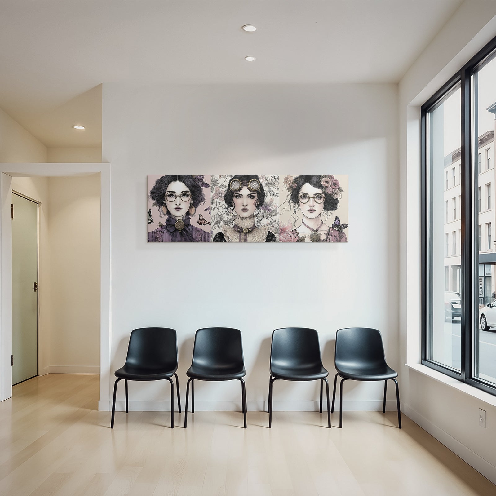 Drei Portraits Von Frauen Im Vintage Steampunk Stil Mit Blumen Und Butterflies