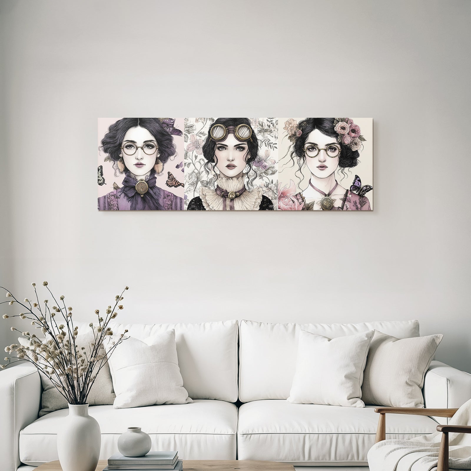 Drei Portraits Von Frauen Im Vintage Steampunk Stil Mit Blumen Und Butterflies
