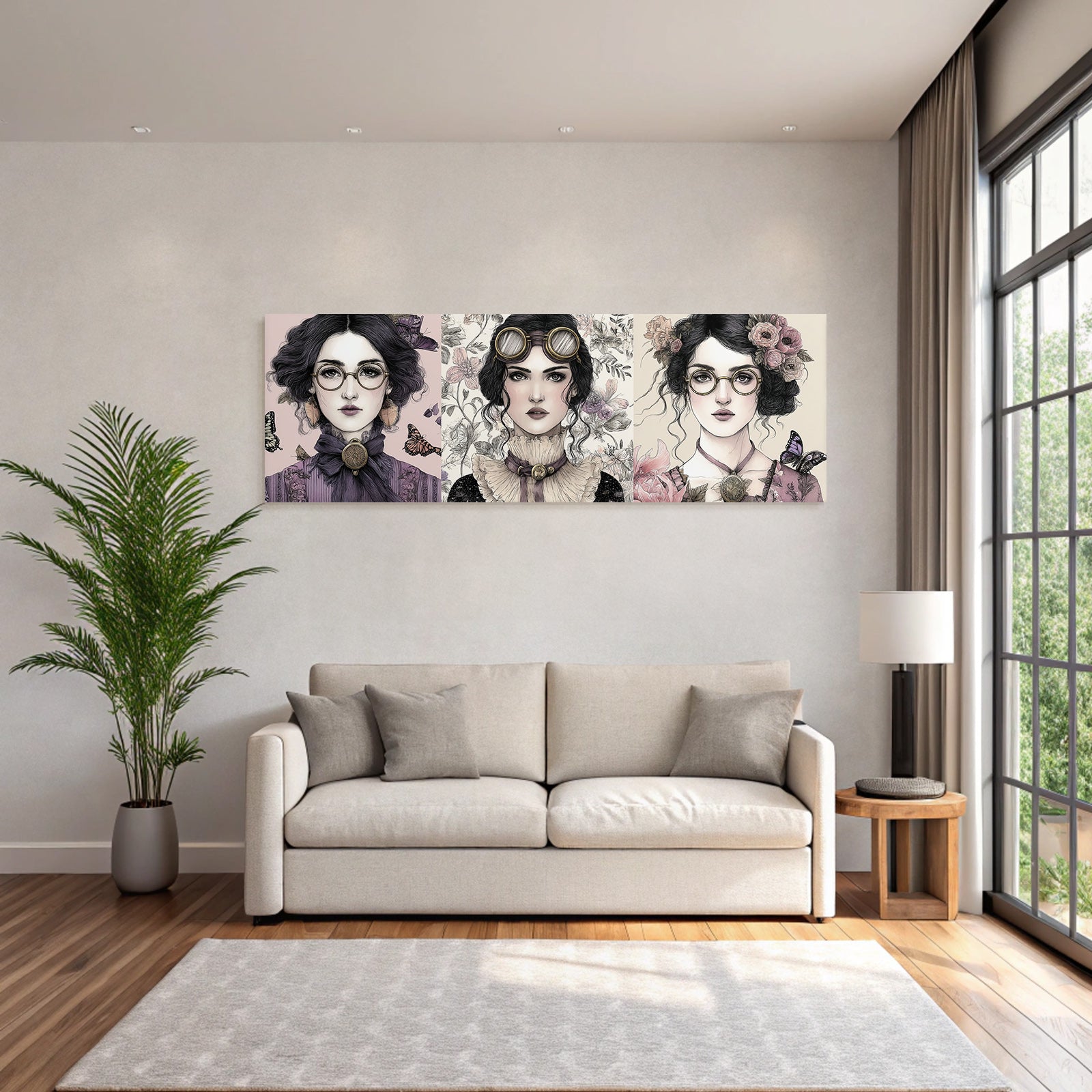 Drei Portraits Von Frauen Im Vintage Steampunk Stil Mit Blumen Und Butterflies