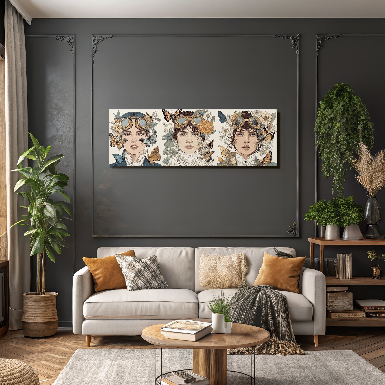 Fantasy Steampunk Charaktere Blumen Schmetterlinge