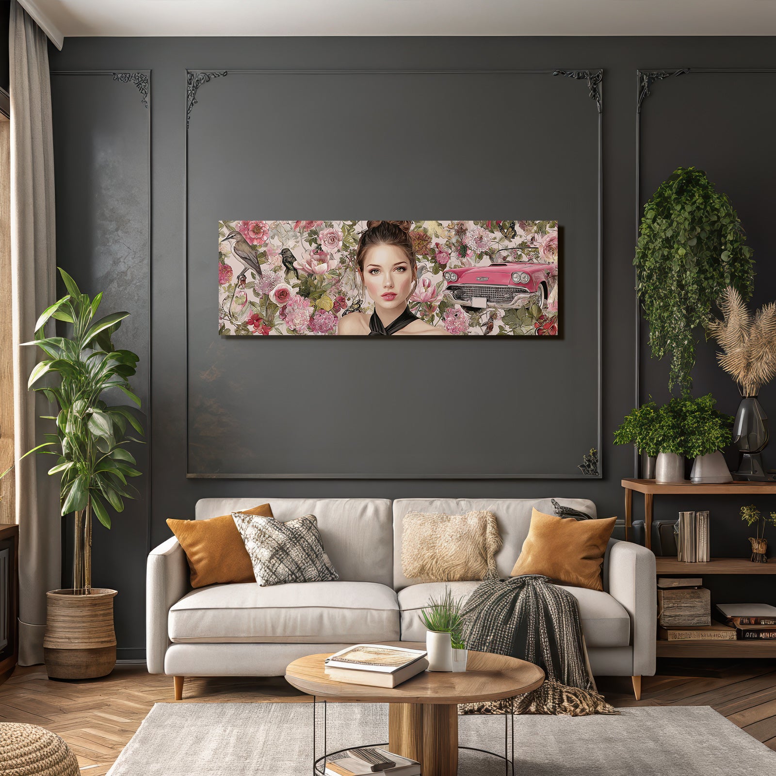 Frau Mit Blumen Hintergrund Und Rosa Auto Kunst Illustration
