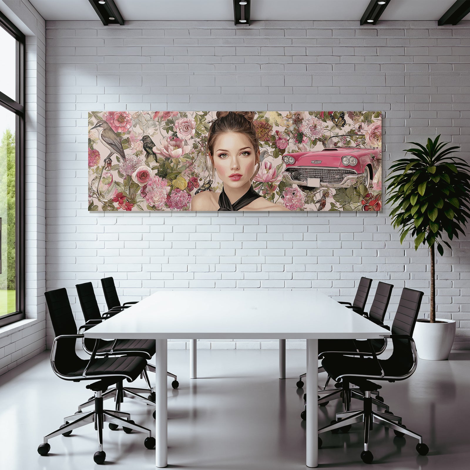 Frau Mit Blumen Hintergrund Und Rosa Auto Kunst Illustration