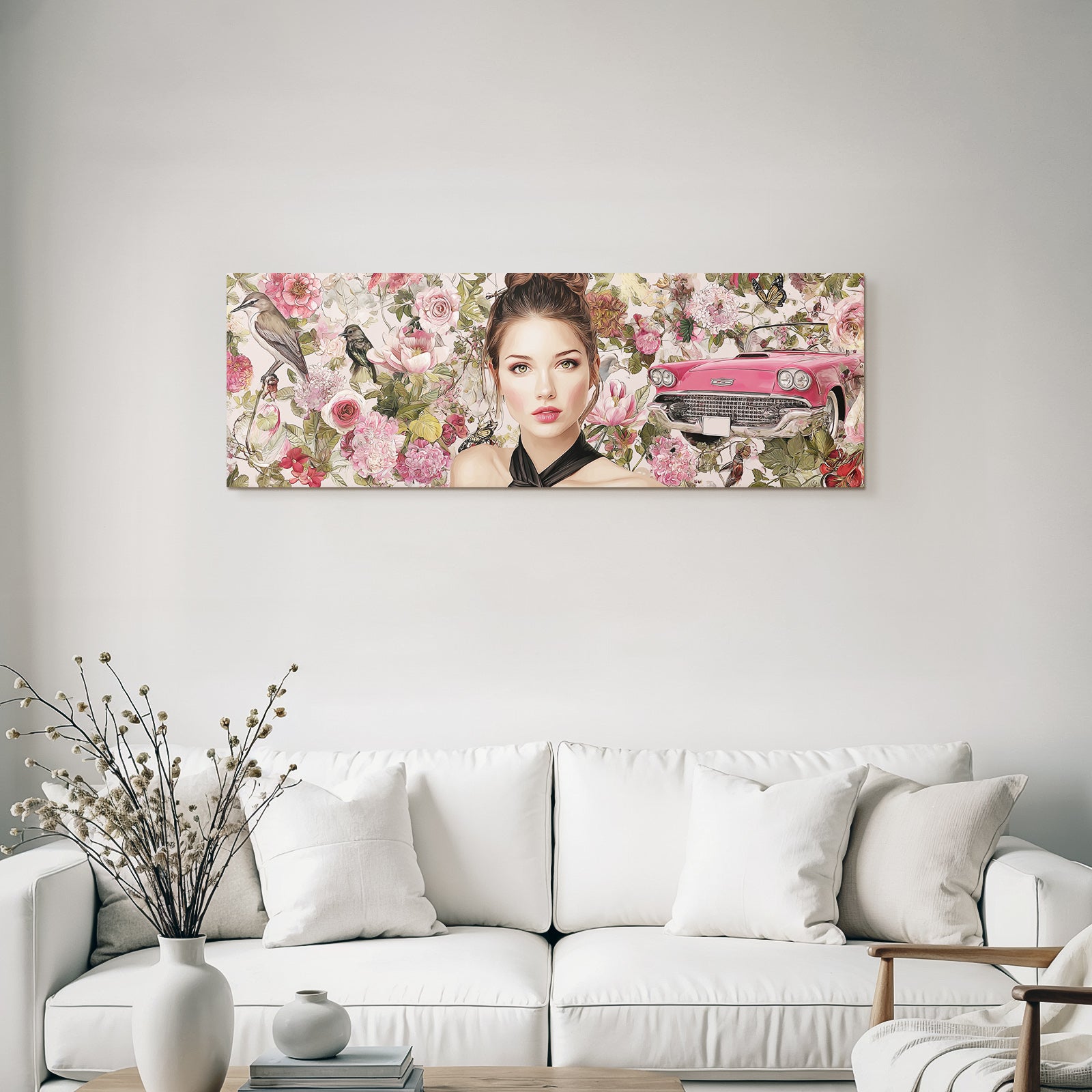 Frau Mit Blumen Hintergrund Und Rosa Auto Kunst Illustration