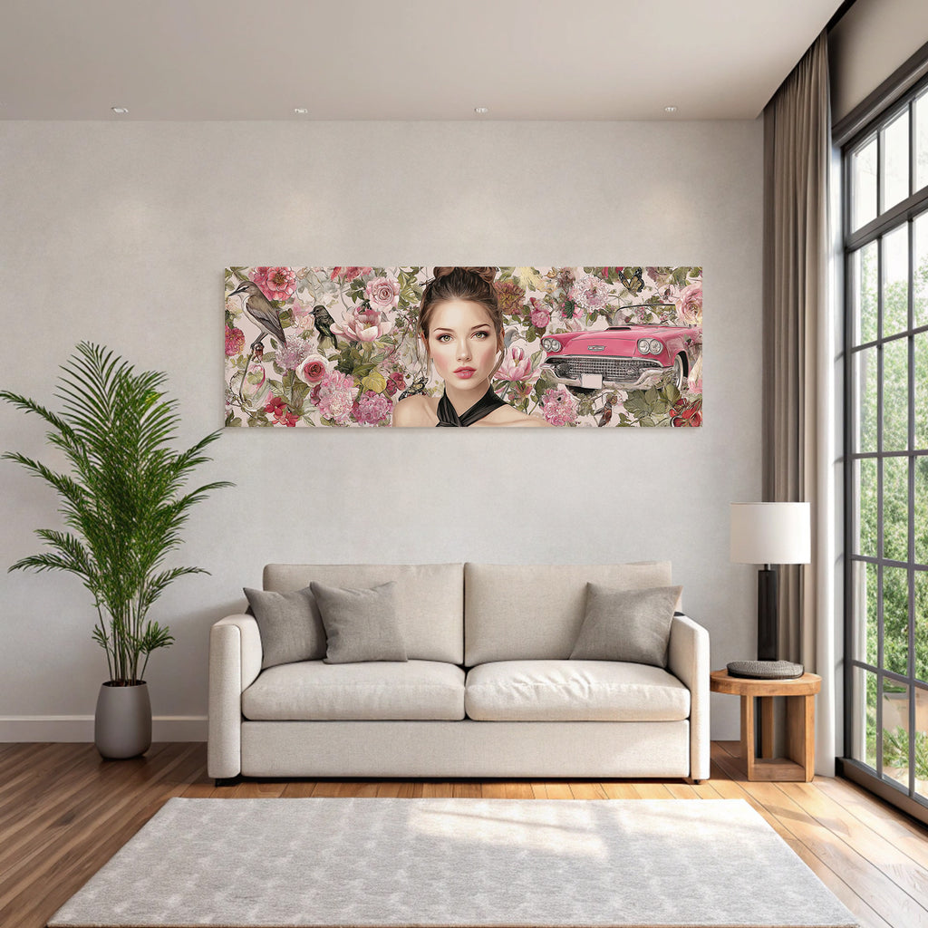 Frau Mit Blumen Hintergrund Und Rosa Auto Kunst Illustration